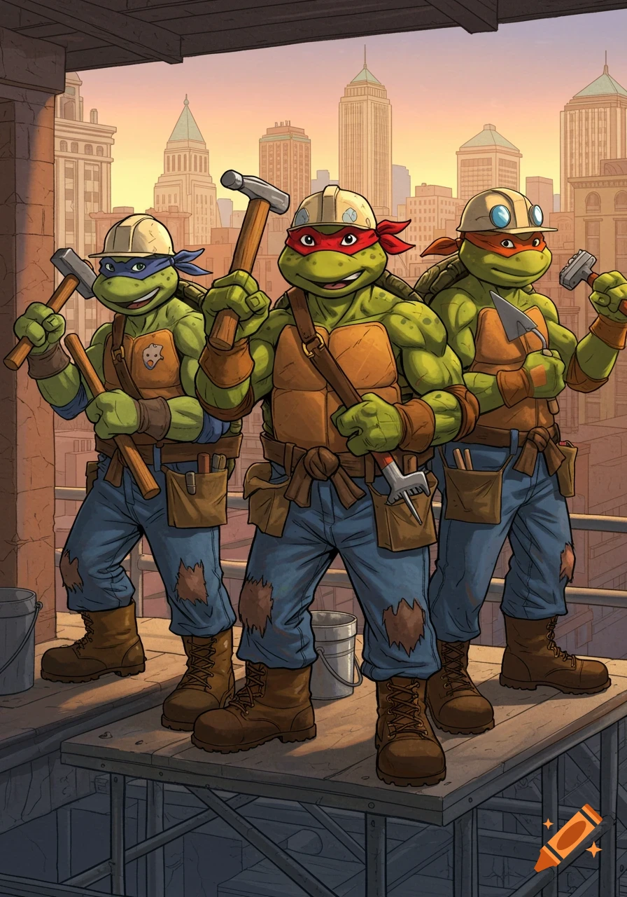 Three Ninja Turtles, in hard hats and construction gear, hold tools on a scaffold above a city skyline at sunset, cartoon style.