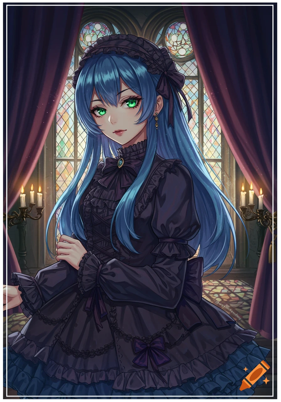 Anime girl with long blue hair and green eyes in a black gothic Lolita dress, standing in a room with stained glass windows.