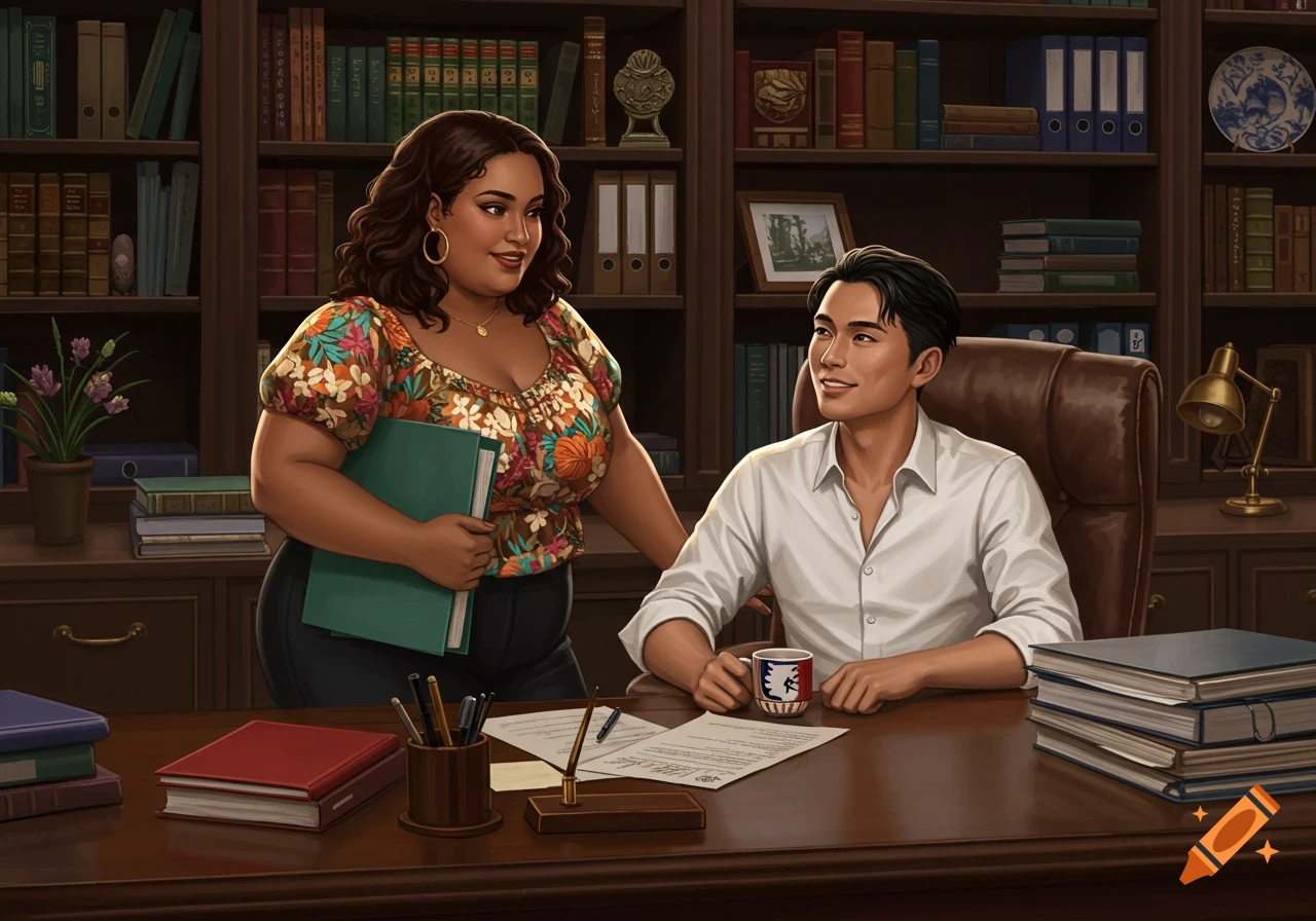 An illustration of a woman with papers leaning on a desk in a library office, looking at a man seated at the desk with a mug.