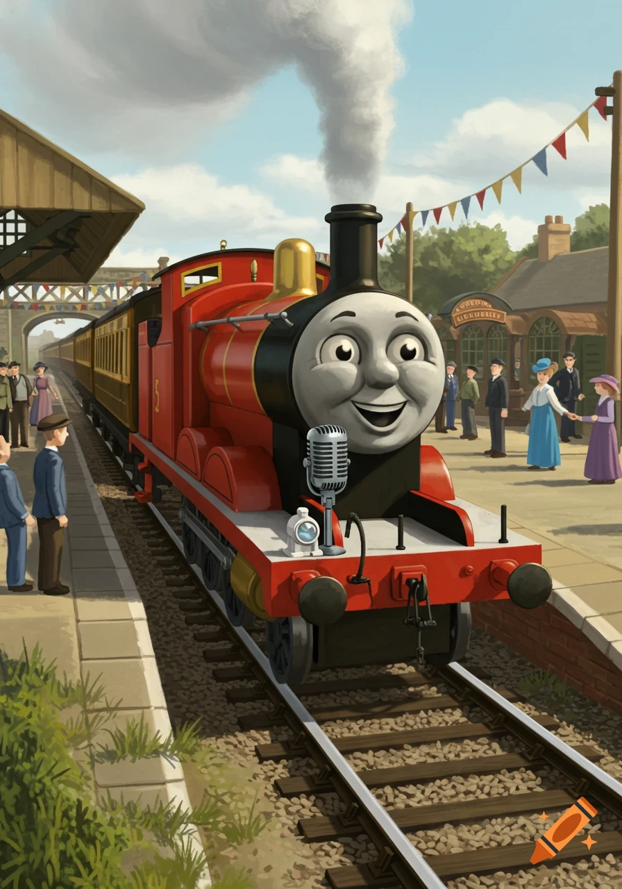 James the Red Engine, a red steam train with a smiling face and a microphone, is at a train station platform with passengers.