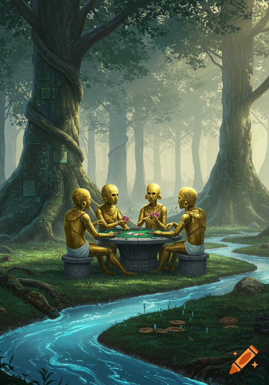 Four golden, robot-like figures play poker at a stone table in a surreal forest with circuit-patterned trees and a glowing blue river, in a painterly style.