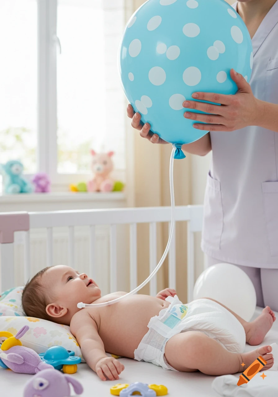 A baby in a diaper lies in a crib, looking up at a blue polka-dotted balloon held by a person, connected by a tube to the baby's diaper.