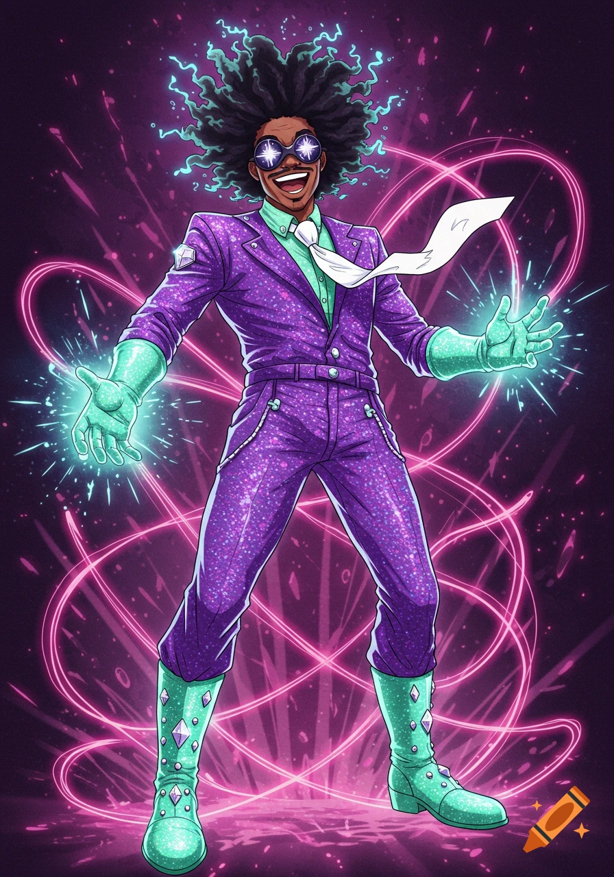 An ecstatic, dark-skinned anime character with wild hair, wearing a glittery purple suit, green gloves, and boots, emitting glowing energy from his hands against a neon pink and purple background.