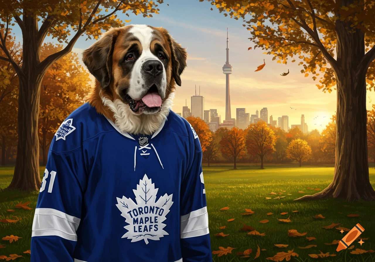 A Saint Bernard dog wearing a Toronto Maple Leafs jersey stands in an autumn park with the Toronto skyline in the background.