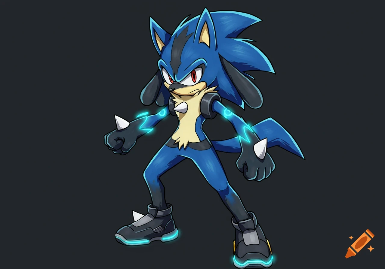 A blue Lucario-Sonic fusion character stands defiantly, with red eyes, quills, black accents, and glowing cyan energy patterns, in an anime style.