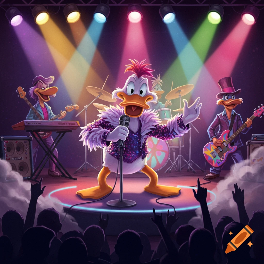 A cartoon duck rock band performs on stage with colorful spotlights, featuring a feathered frontman singing.