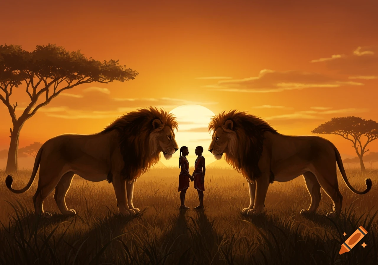 Two large lions face each other across two small people holding hands, silhouetted against a vibrant orange sunset in an African savanna.