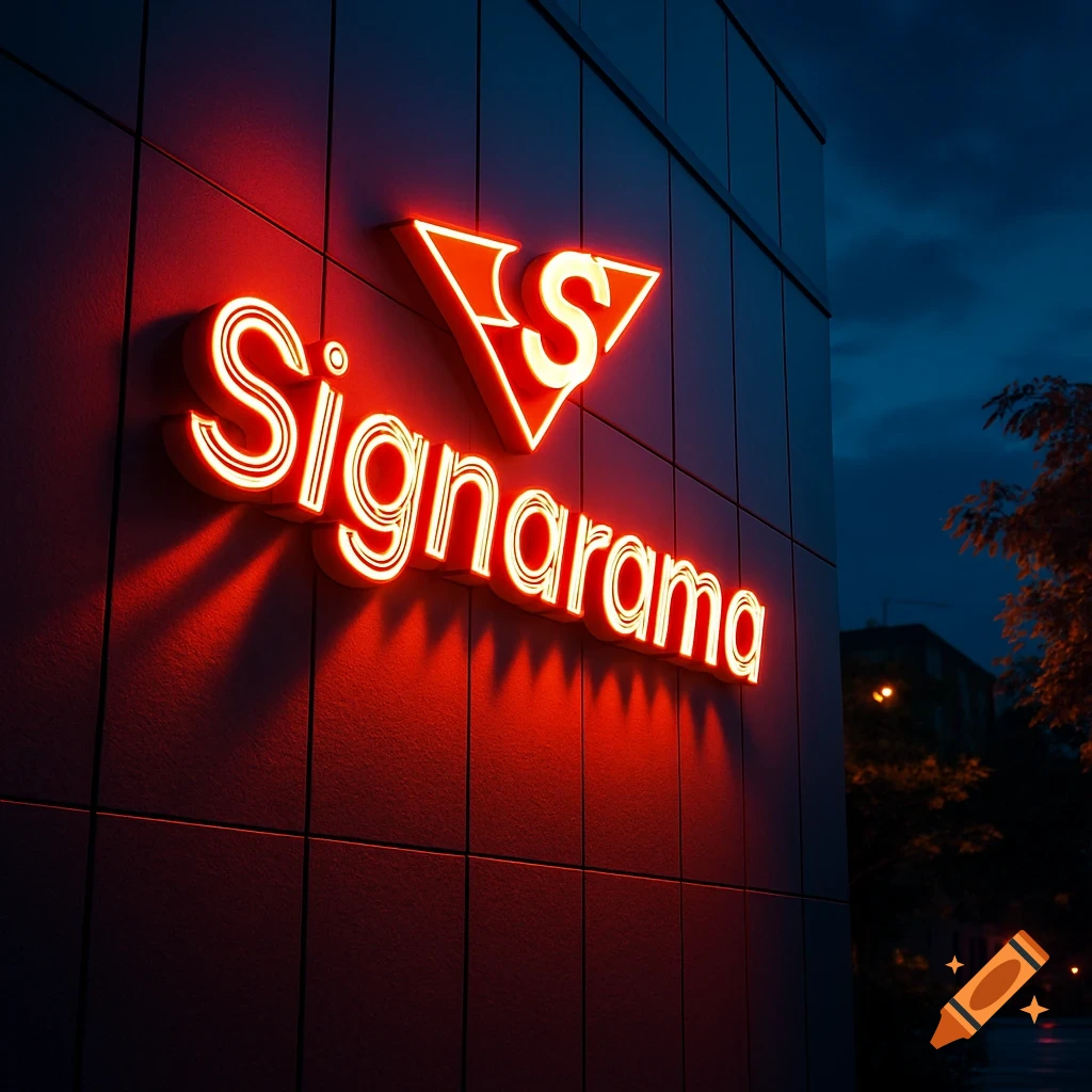 Bright red neon sign spelling 'Signarama' on a dark building wall at night.