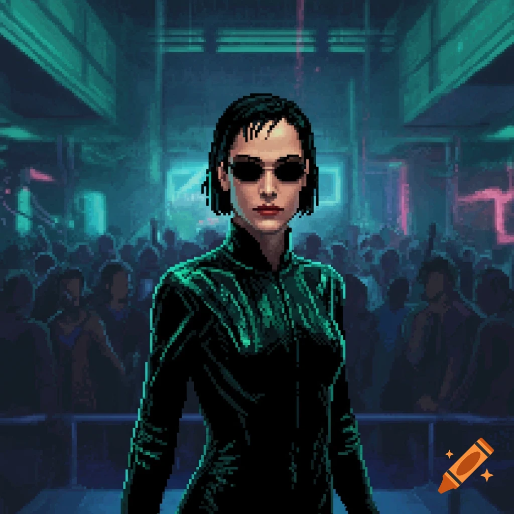 Pixel art of Trinity from The Matrix, wearing a black trench coat and sunglasses, in a glowing green and blue nightclub with a crowd.