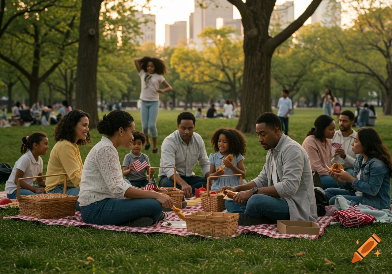 Multiracial families picnicking in a city park, with children playing and baskets on checkered blankets. Photorealistic style.