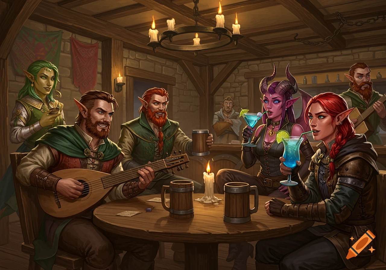 A group of diverse fantasy characters, including elves and a tiefling, socialize in a warm, dimly lit tavern, with one playing a lute.