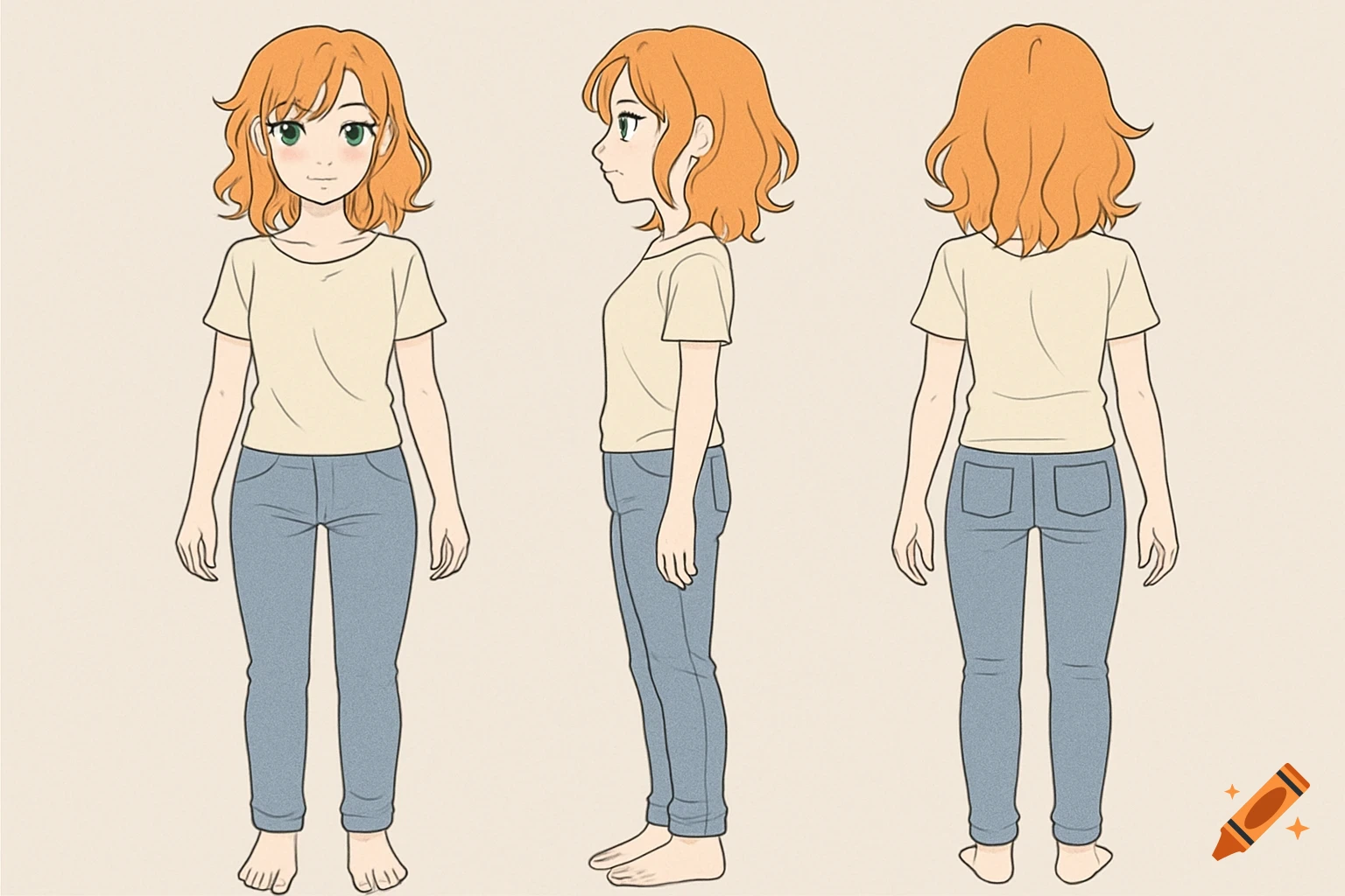 Anime character reference sheet of a woman with orange hair and green eyes, shown in front, side, and back views, wearing a t-shirt and jeans.