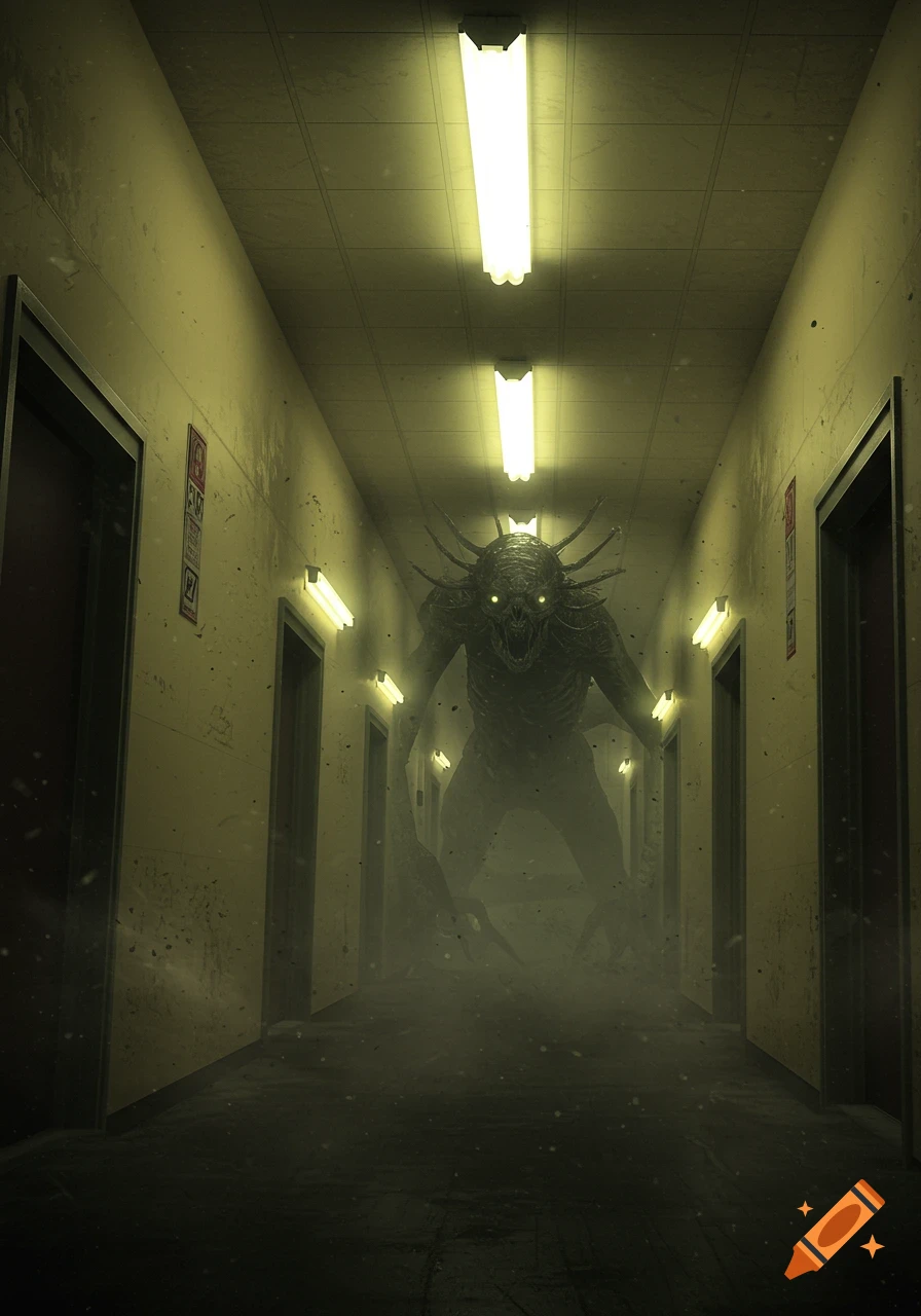 A menacing creature with glowing eyes looms in a dark, dusty hallway with flickering fluorescent lights.