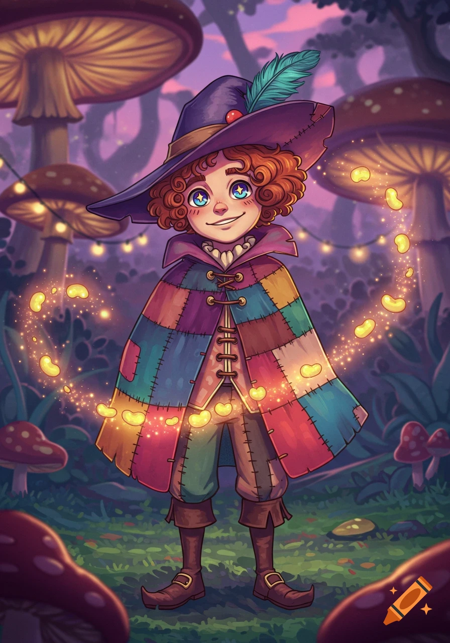 Anime-style character with curly red hair, patchwork cloak, and witch's hat stands in a magical mushroom forest with glowing beans.
