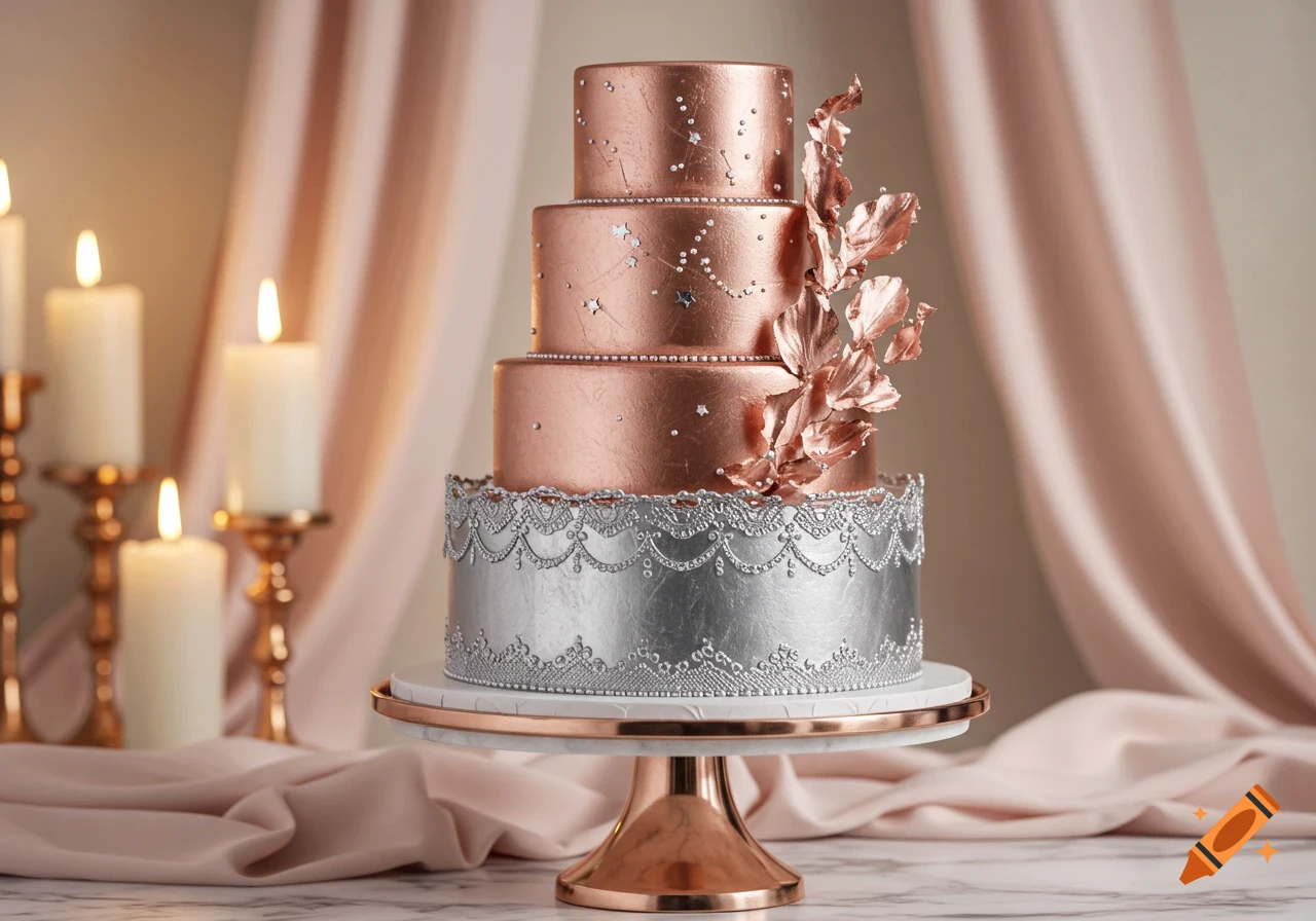 A three-tiered rose gold and silver cake decorated with metallic leaves and silver lace details, with lit candles in the background.