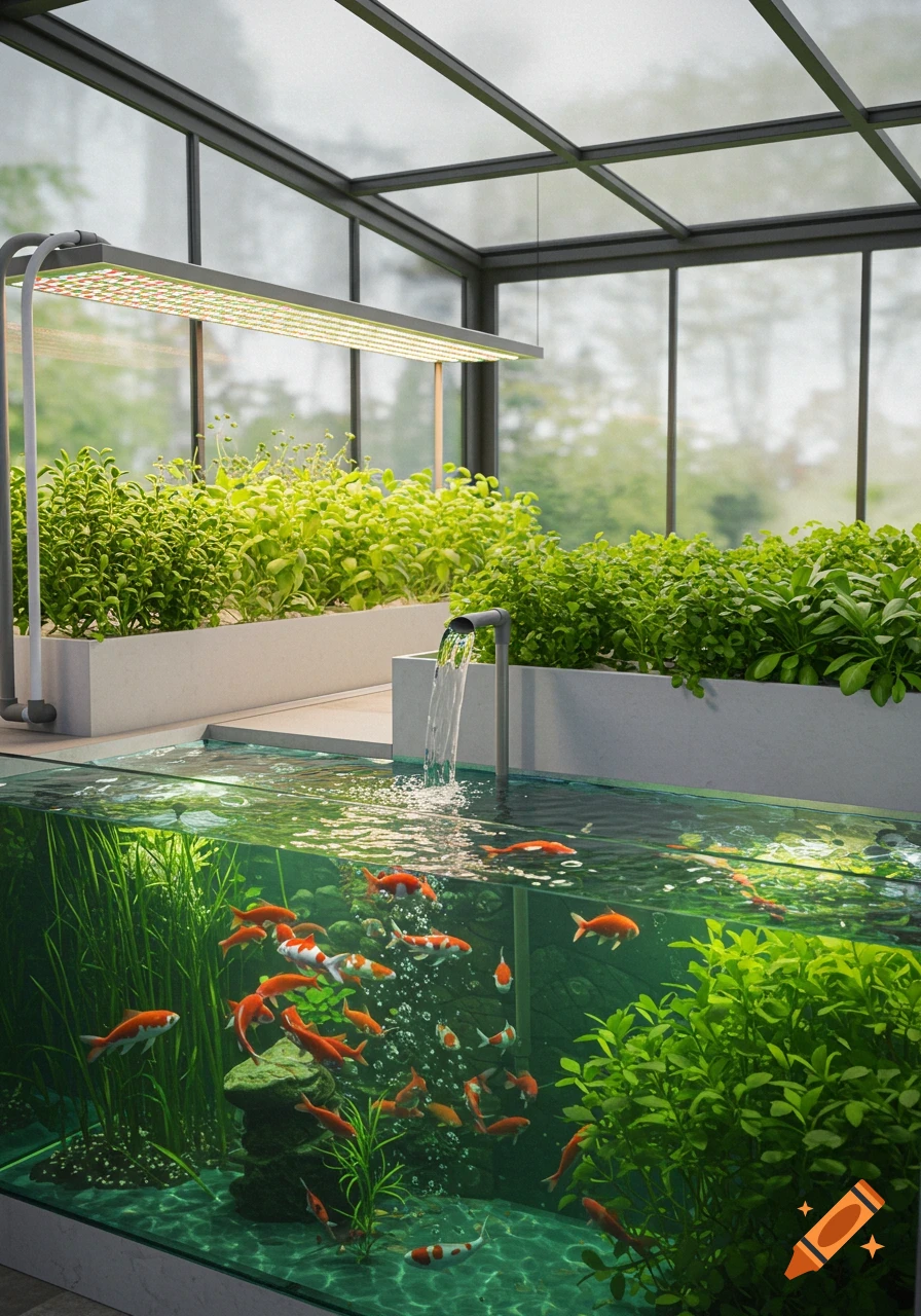 Photorealistic aquaponics system with a fish tank full of goldfish and koi, supplying water to lush plant grow beds above, inside a modern glass greenhouse.