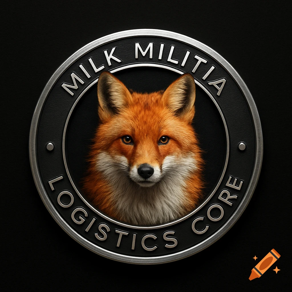 A detailed, realistic fox head within a circular silver and black badge with text 'MILK MILITIA LOGISTICS CORE' around it.