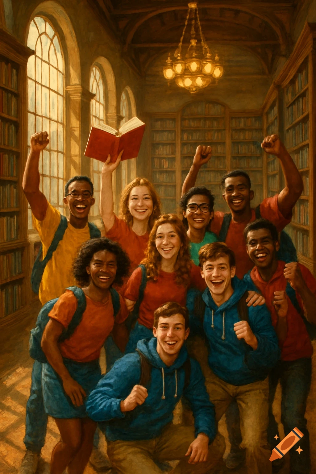 A vibrant oil painting of diverse students smiling and celebrating in a grand library, one holding a book.
