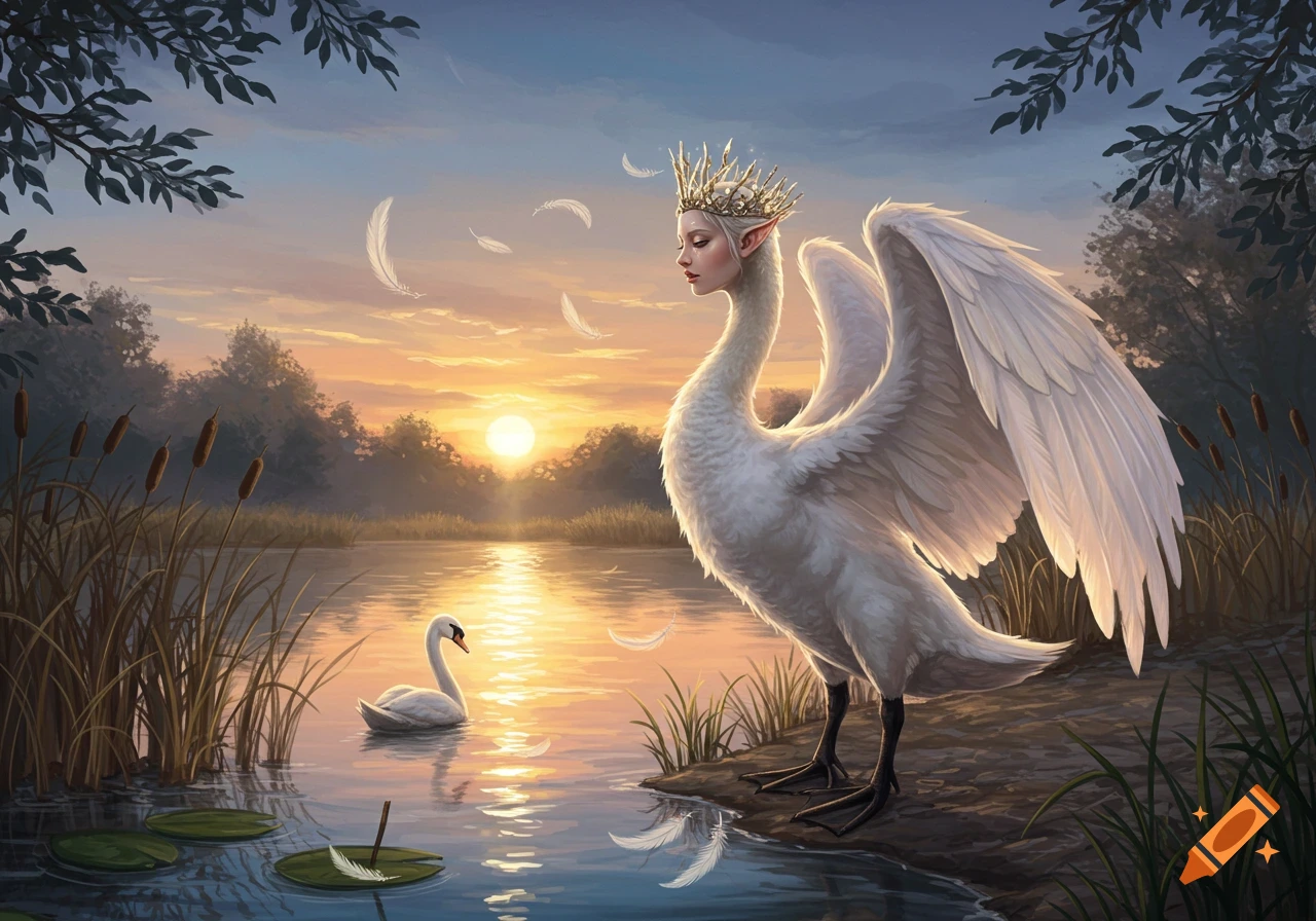A majestic swan-human hybrid wearing a crown stands by a lake at sunset, with a white swan swimming nearby.
