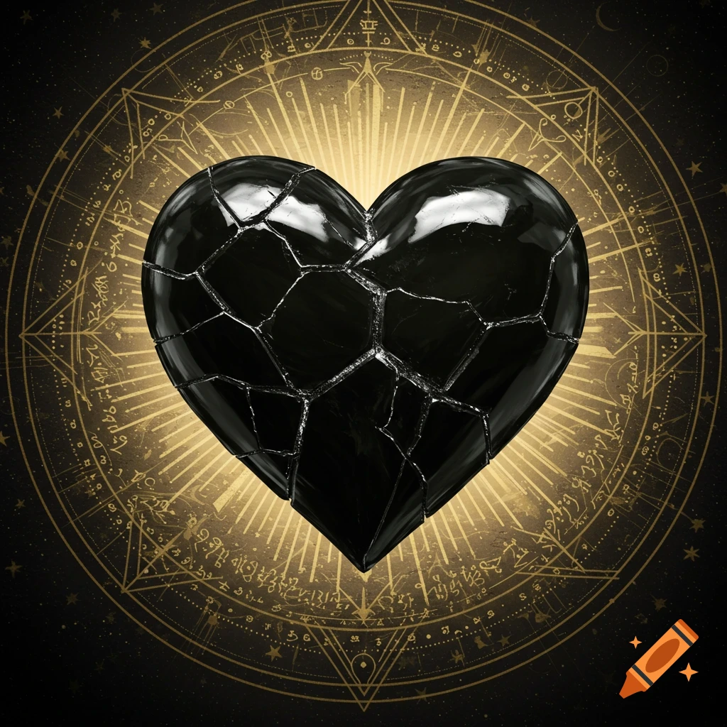 A fractured black obsidian heart glows against a gold mystical circle with symbols on a dark background.