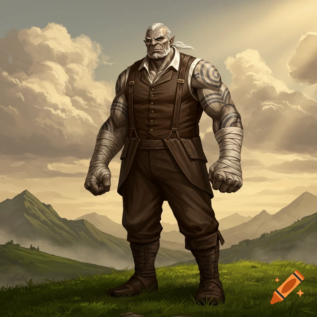 A muscular grey-skinned fantasy giant character, dressed in a brown vest and pants with arm wraps, stands in a grassy mountain landscape under a cloudy sky.