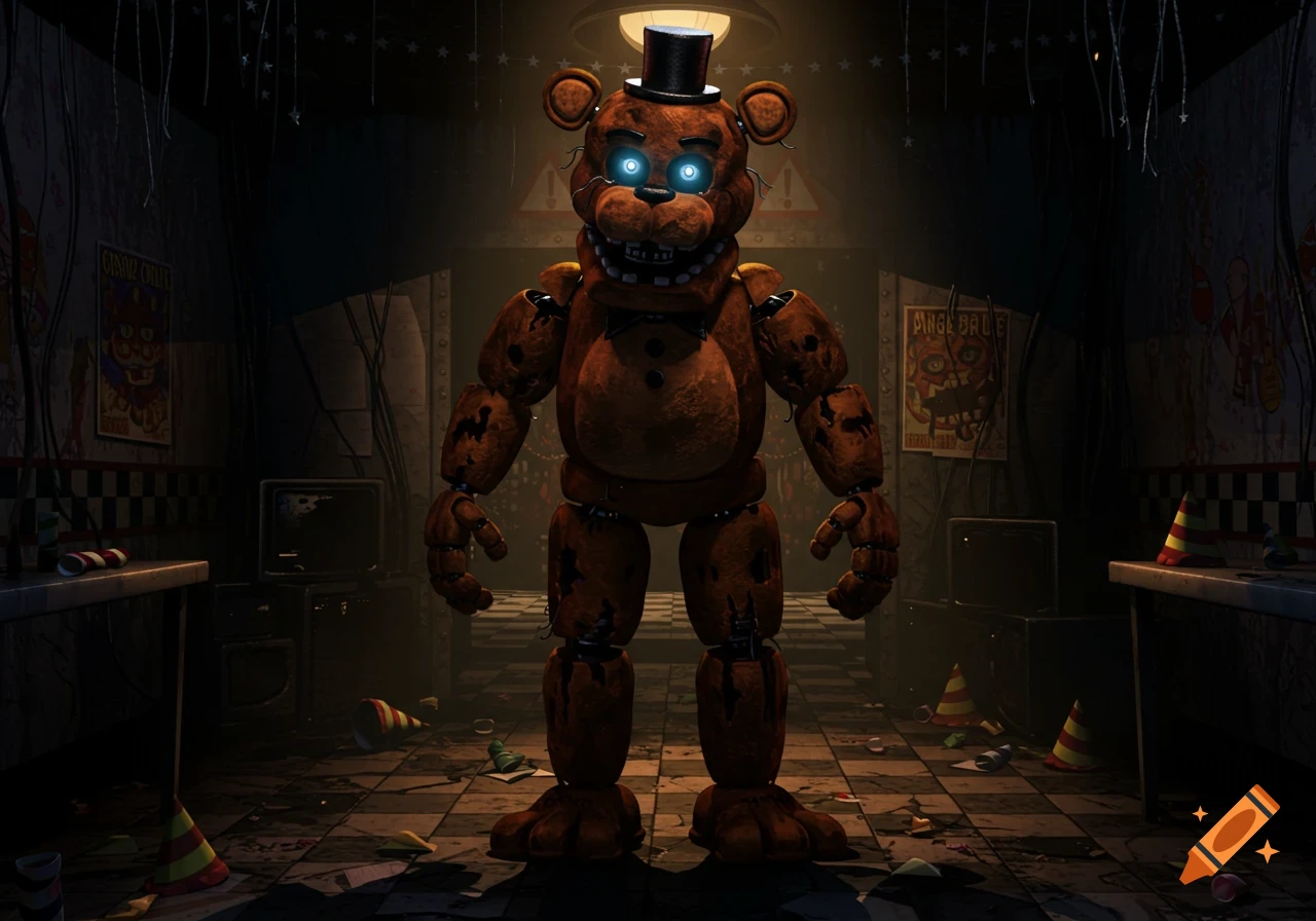 Freddy Fazbear, a worn brown animatronic bear with a top hat and glowing blue eyes, stands in a dimly lit, messy pizzeria room.