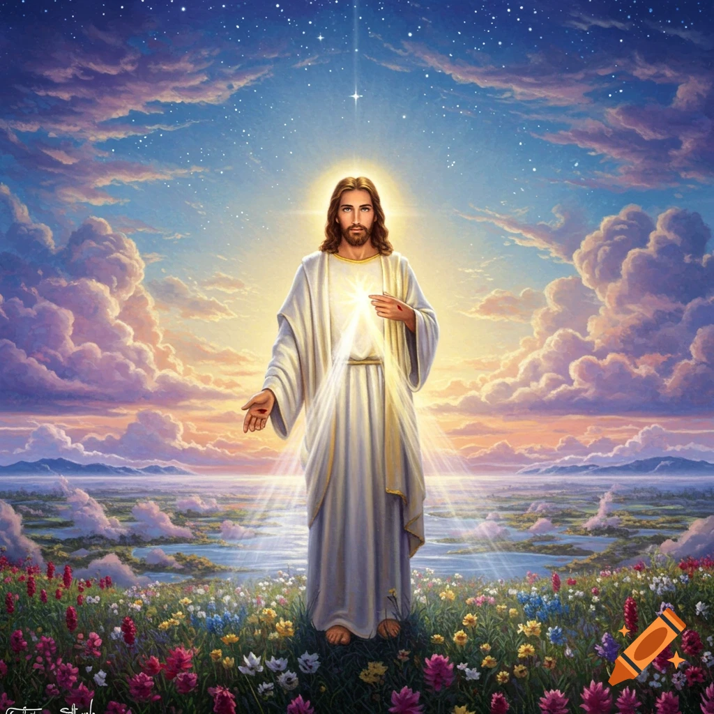 A divine depiction of Jesus Christ, bathed in glowing light, standing in a vibrant meadow under a starry, cloudy sky, with outstretched hand.