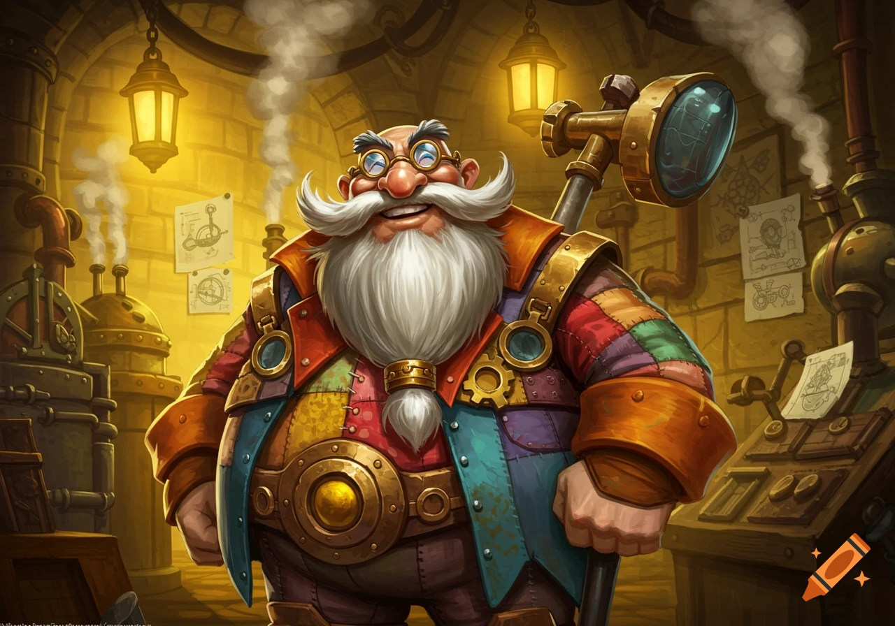 A cheerful, round-faced dwarf with a long white beard, goggles, and a colorful patched coat stands in a steampunk workshop.