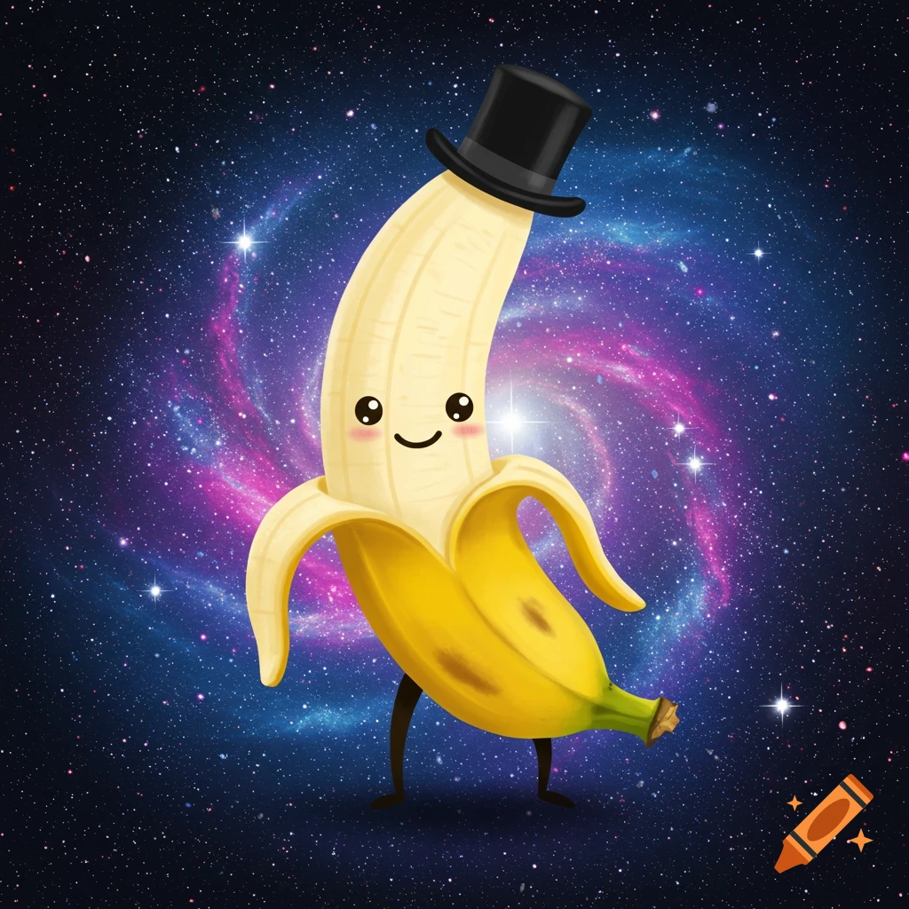 A cute, smiling cartoon banana wearing a black top hat, floating in front of a vibrant purple and blue galaxy.