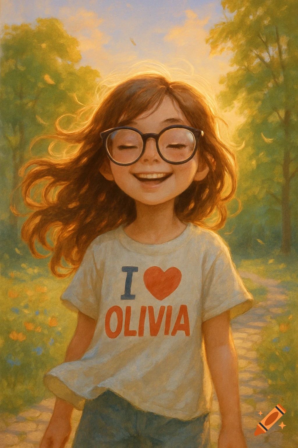 Joyful brown-haired girl with glasses wearing an 'I ❤️ Olivia' shirt on a sunny path, painted in an illustrative style.
