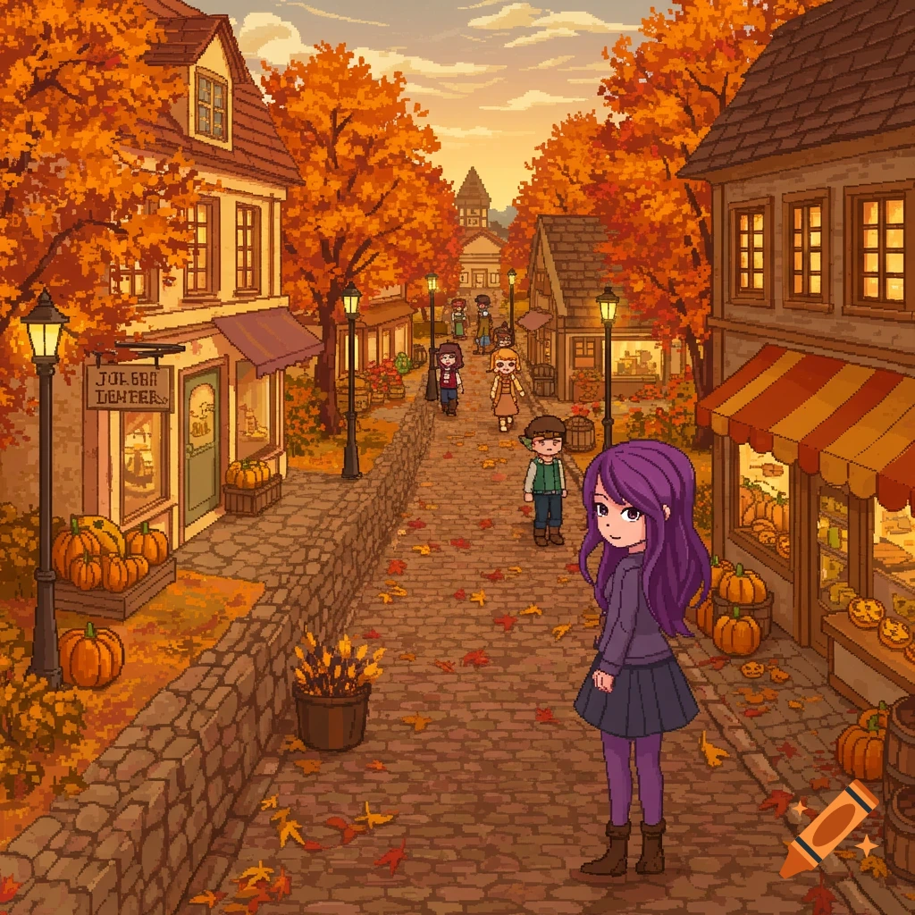Pixel art of an autumn town street with a purple-haired girl in the foreground, cobblestones, shops, and orange trees.