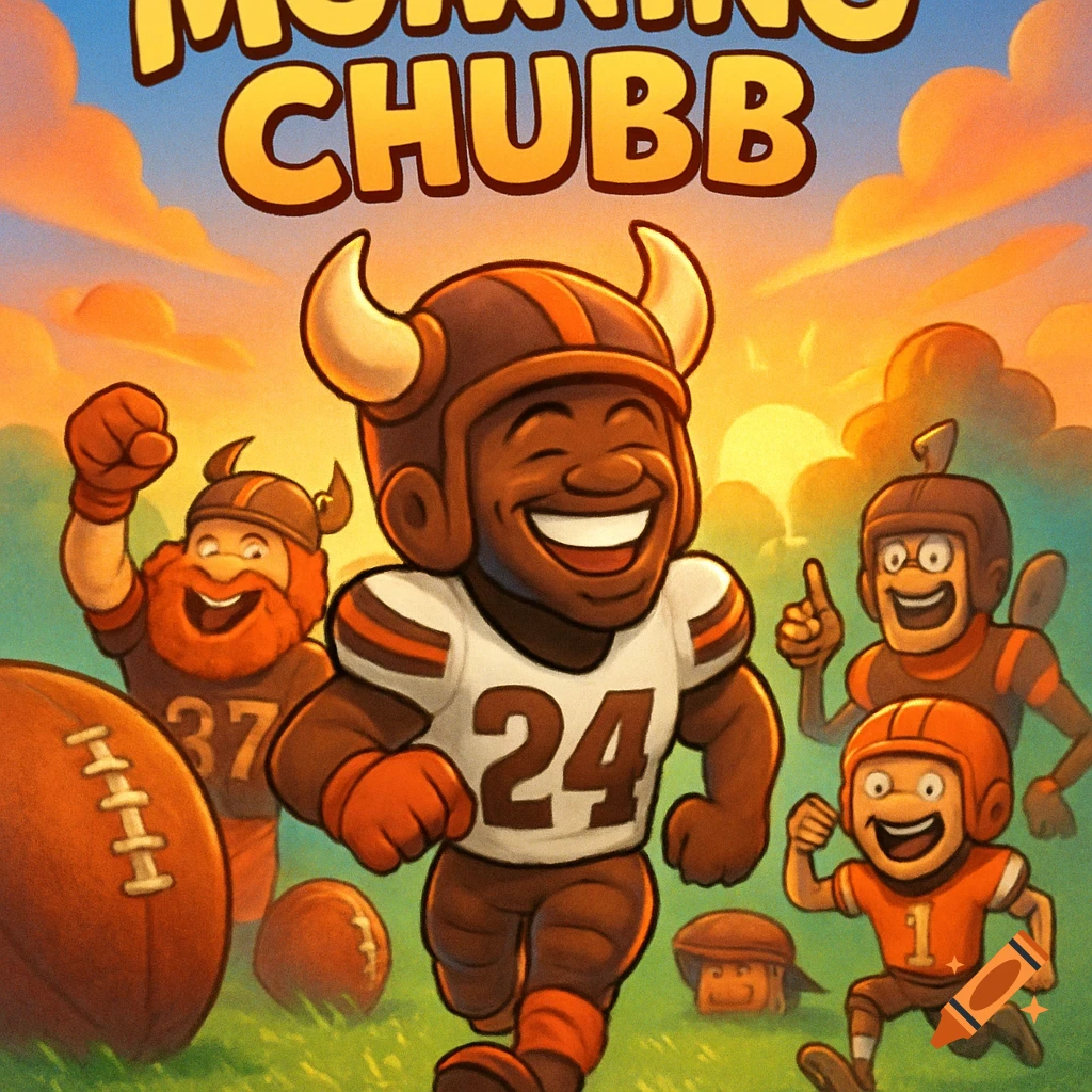 Cartoon football players, including one wearing number 24, running and celebrating on a grassy field under text 'MORNING CHUBB'.