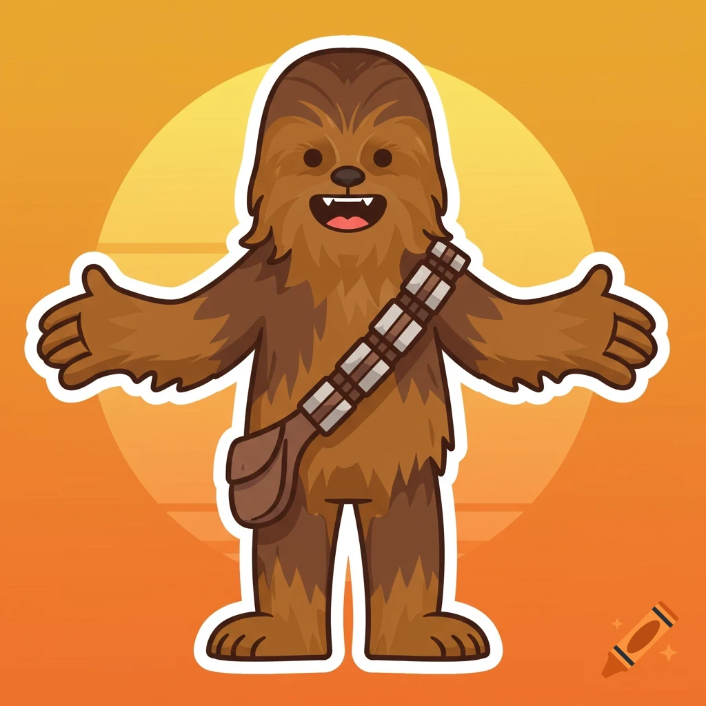 A cartoon Chewbacca sticker with arms open, against an orange and yellow gradient background.