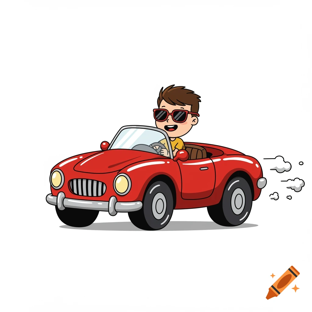 A cartoon boy in sunglasses drives a red convertible race car on a white background, with exhaust trails.