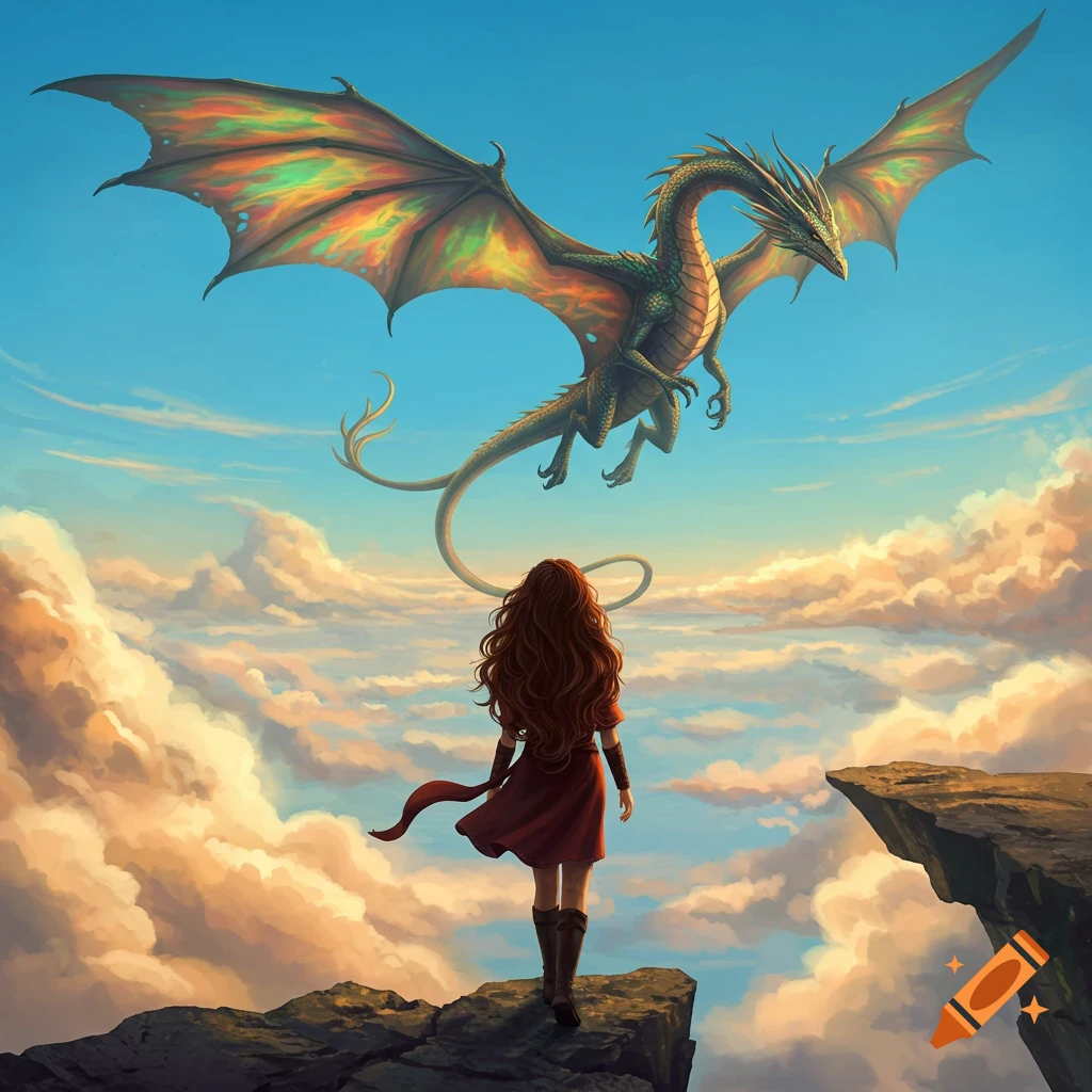 A long-haired woman on a cliff watches a colorful dragon fly above clouds in an illustration.