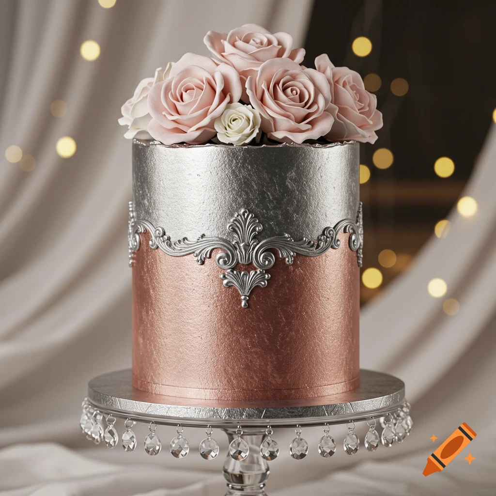 An elegant one-tier cake with a metallic silver top, rose gold base, silver filigree, and pink roses, sitting on a crystal stand.