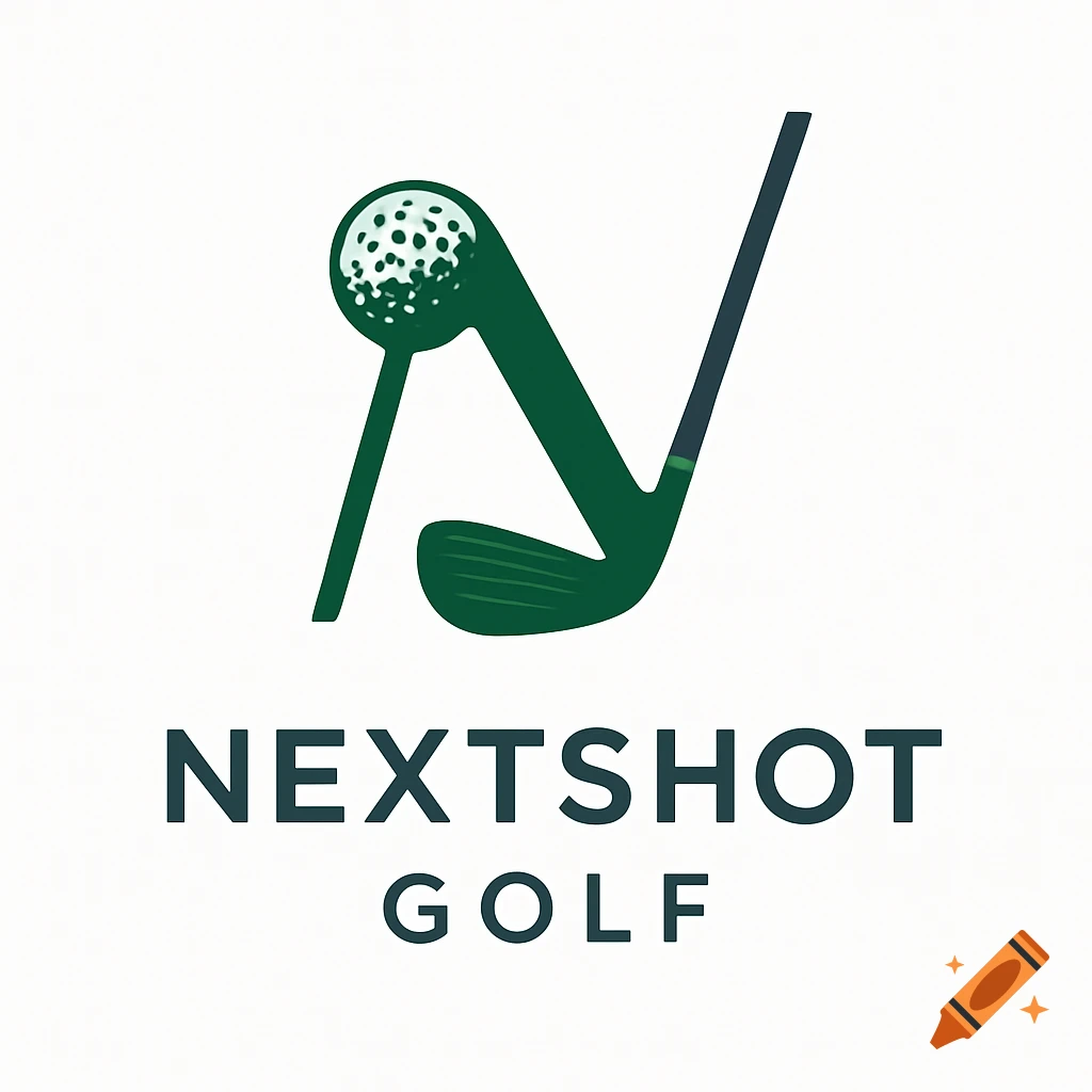 A green minimalist logo for NextShot Golf, featuring a stylized golf club and ball forming the letter 'N' above the words 'NEXTSHOT GOLF'.