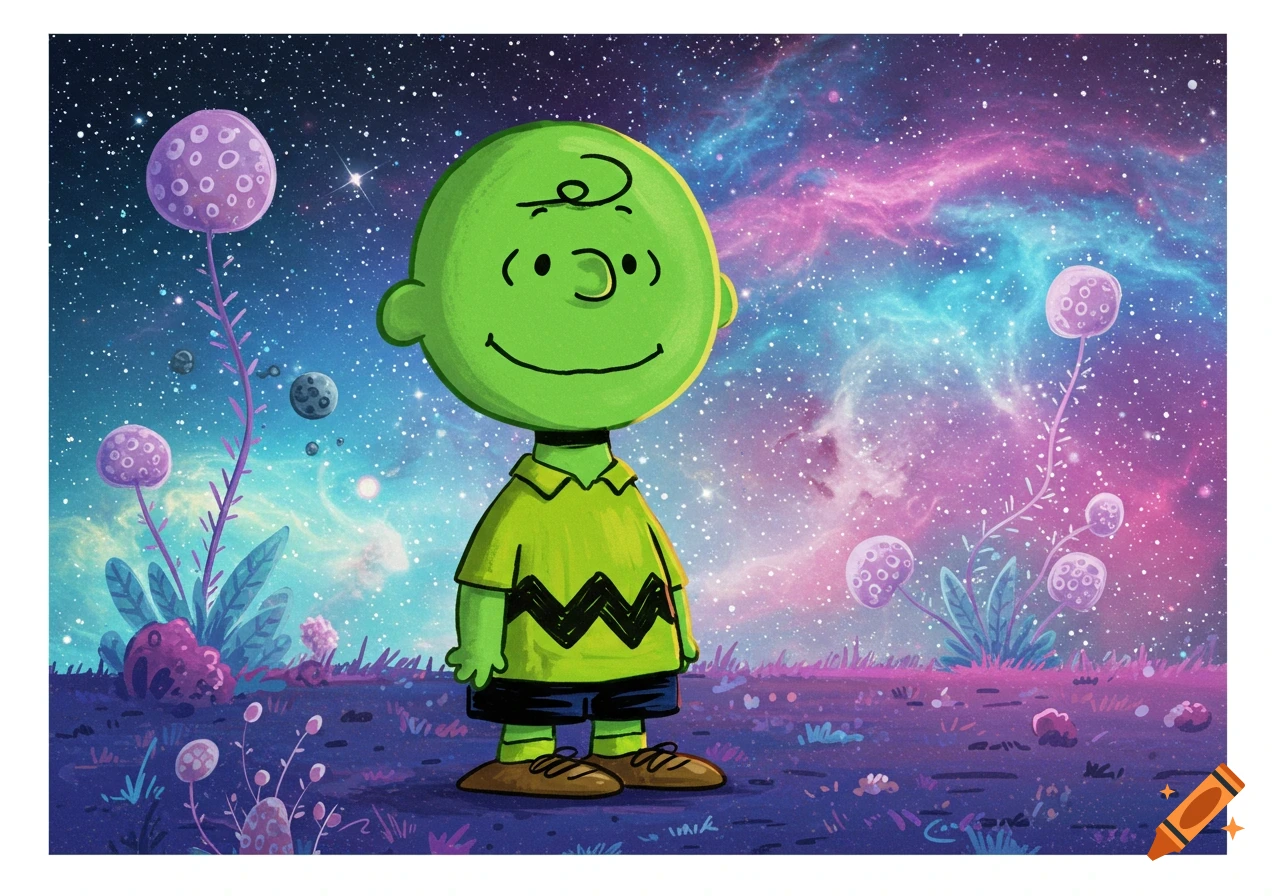 Green alien Charlie Brown stands on a vibrant alien planet with purple-spotted plants under a starry, colorful nebula sky.