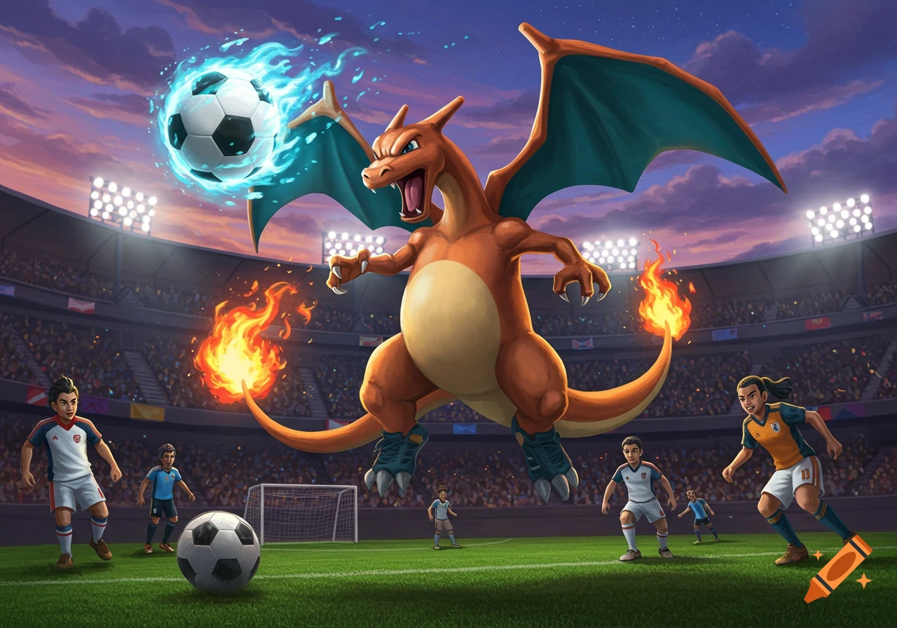 An illustration of Charizard hitting a flaming soccer ball in a stadium, with human soccer players nearby.
