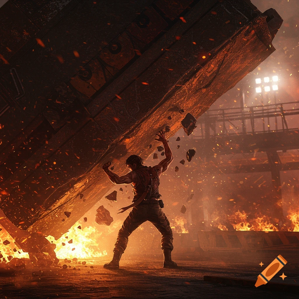 A strong man struggles to hold up a massive crumbling structure amidst fire and debris in a dramatic, photorealistic scene.
