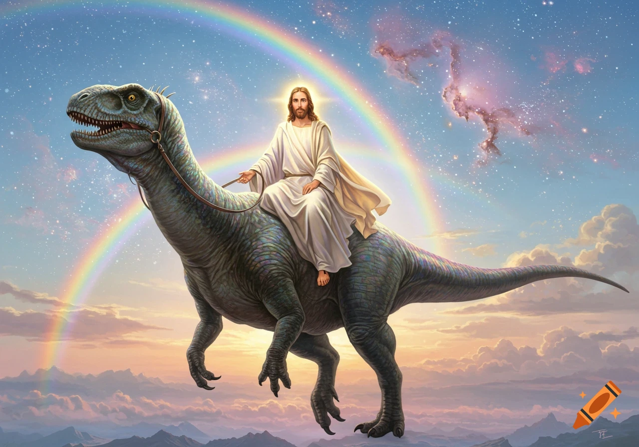 Jesus Christ with a halo rides a large dinosaur across a vibrant rainbow in a surreal sky filled with clouds and distant mountains.