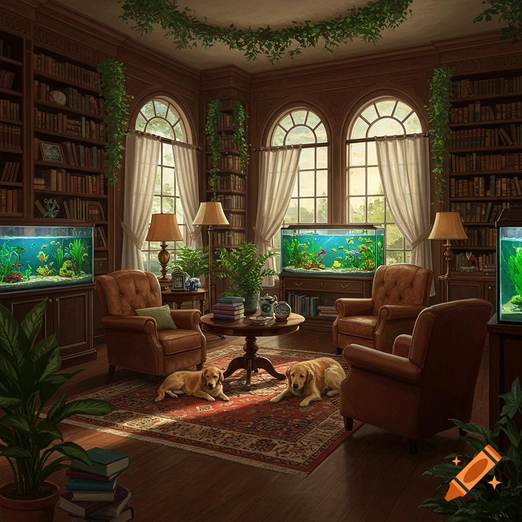 A cozy, richly decorated home library with bookshelves, armchairs, fish tanks, lush plants, and two golden retriever dogs on a rug.