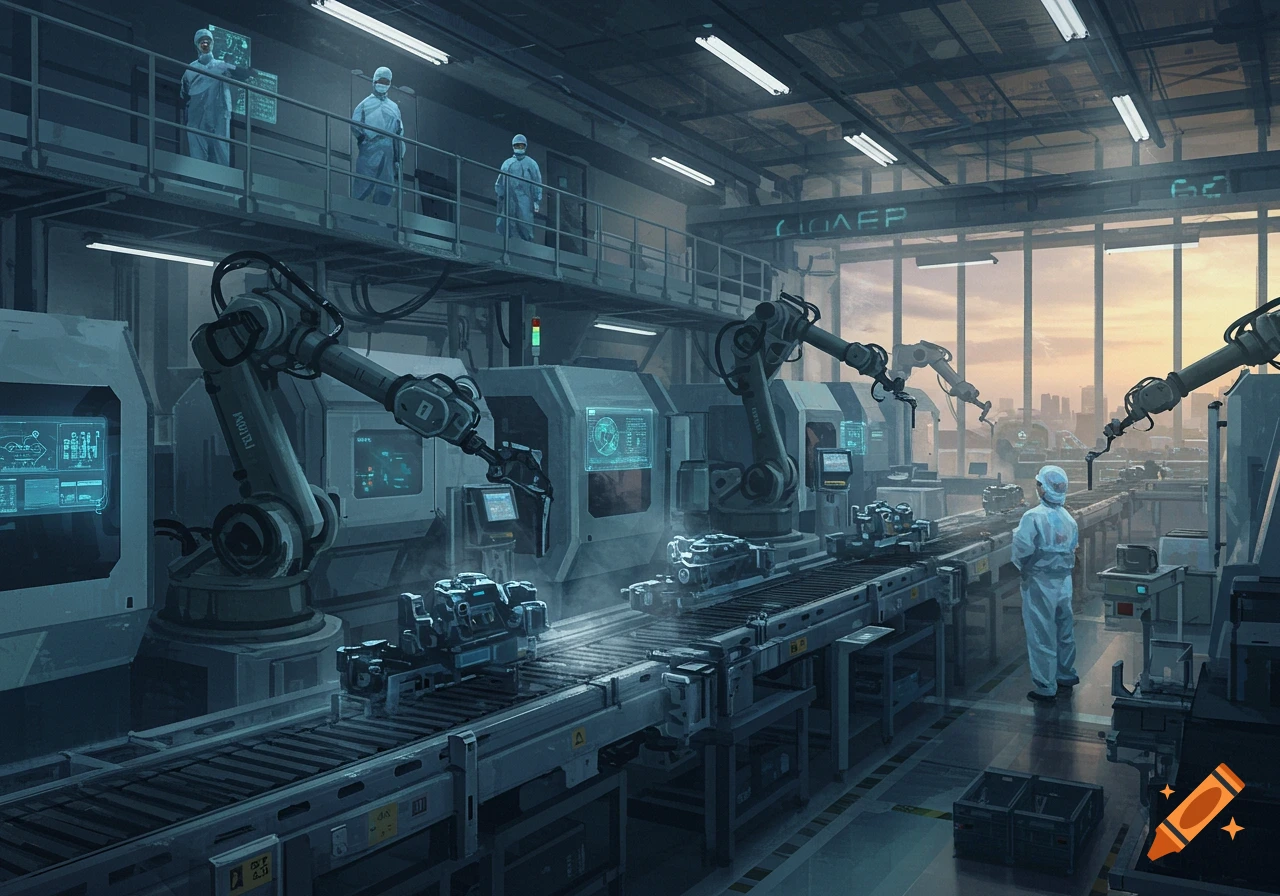 A futuristic manufacturing facility with robotic arms assembling parts on a conveyor belt, overseen by workers in cleanroom suits.