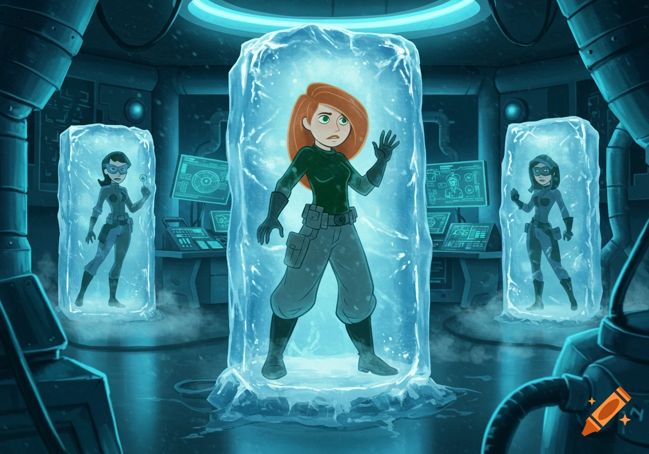 Kim Possible and two female spies frozen in ice within a futuristic laboratory, cartoon style.