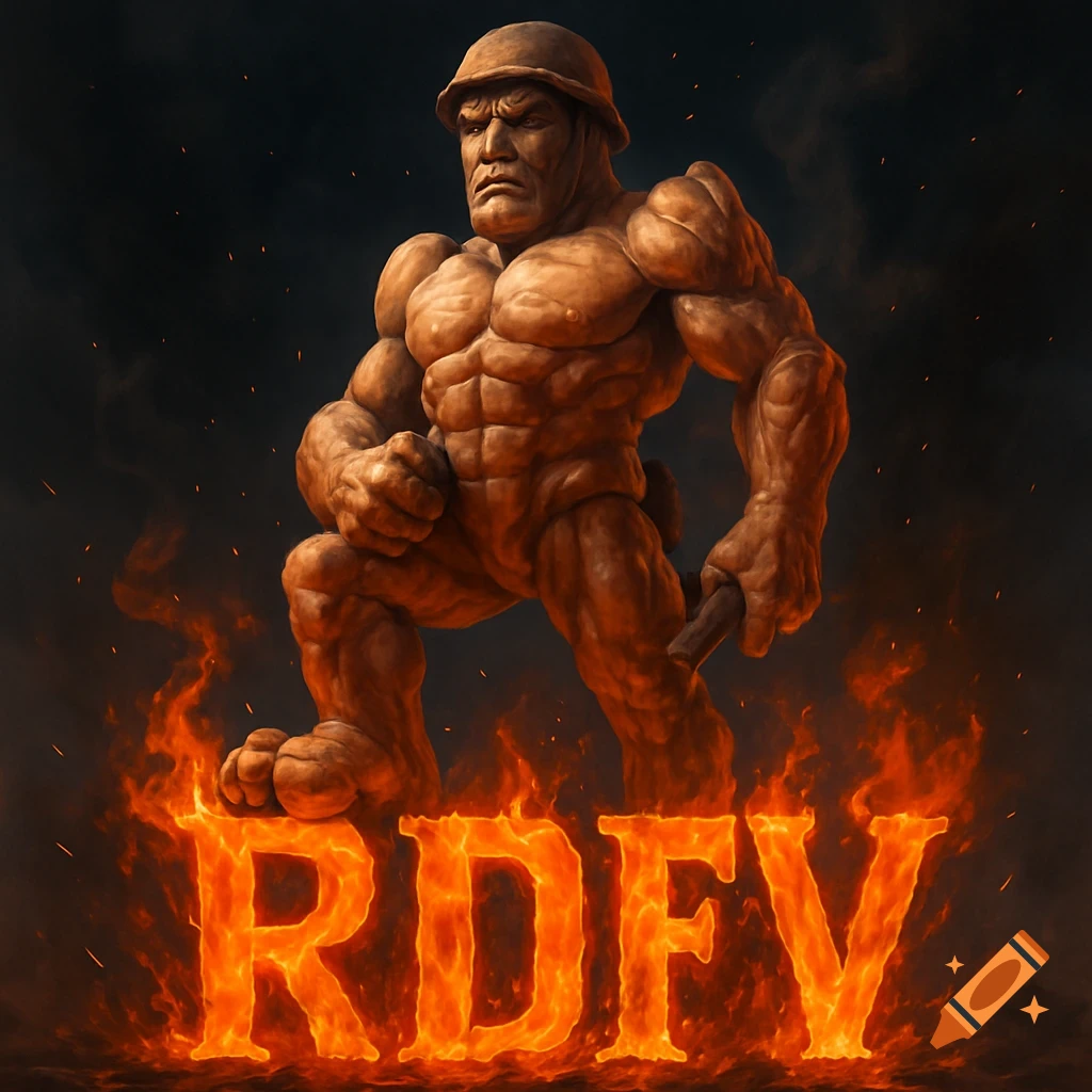 Muscular, rock-like soldier in a helmet crouching over fiery letters 'RDFV' on a dark background.