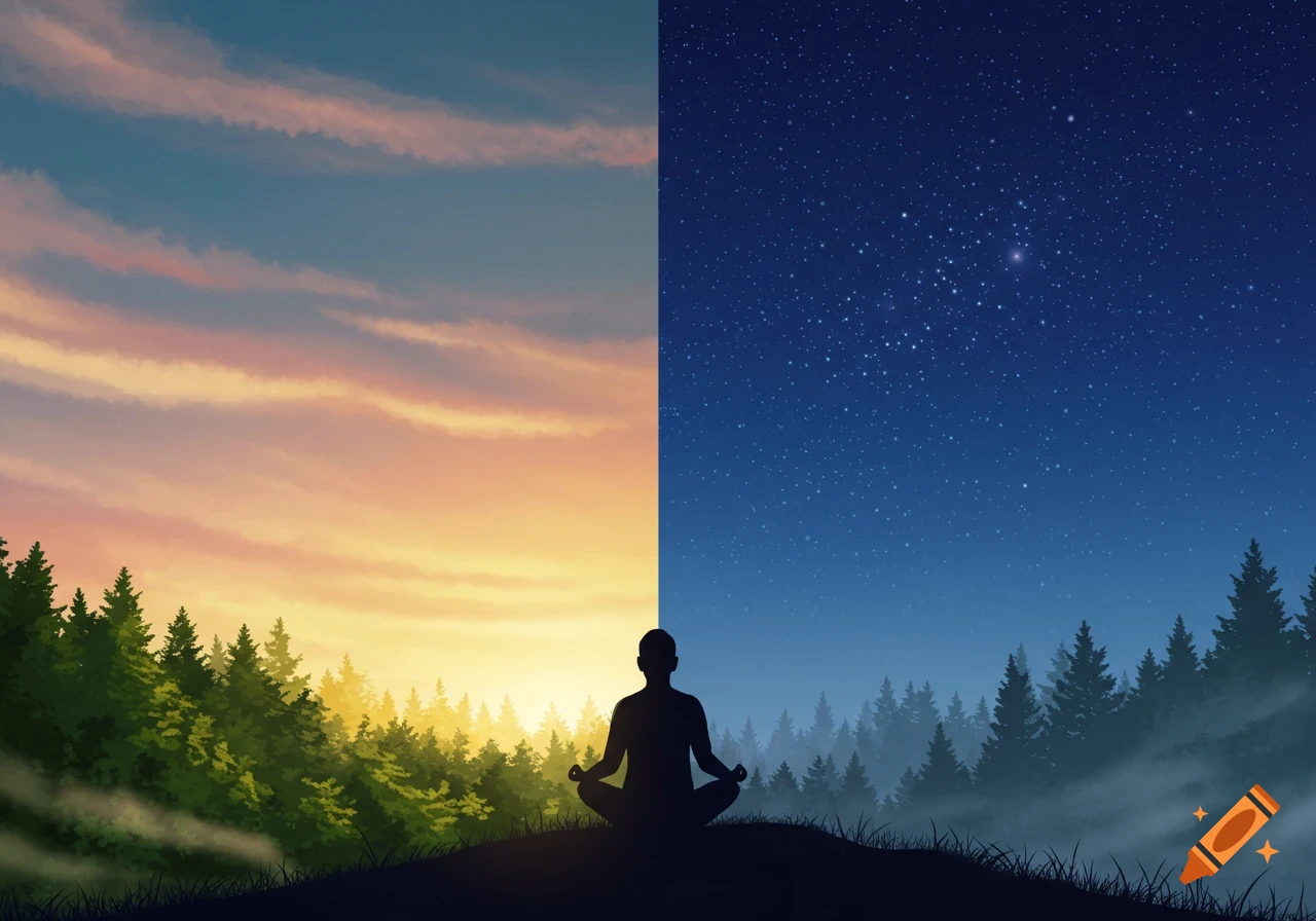 Silhouette of a person meditating in a serene landscape split between a starry night sky and a sunlit forest.