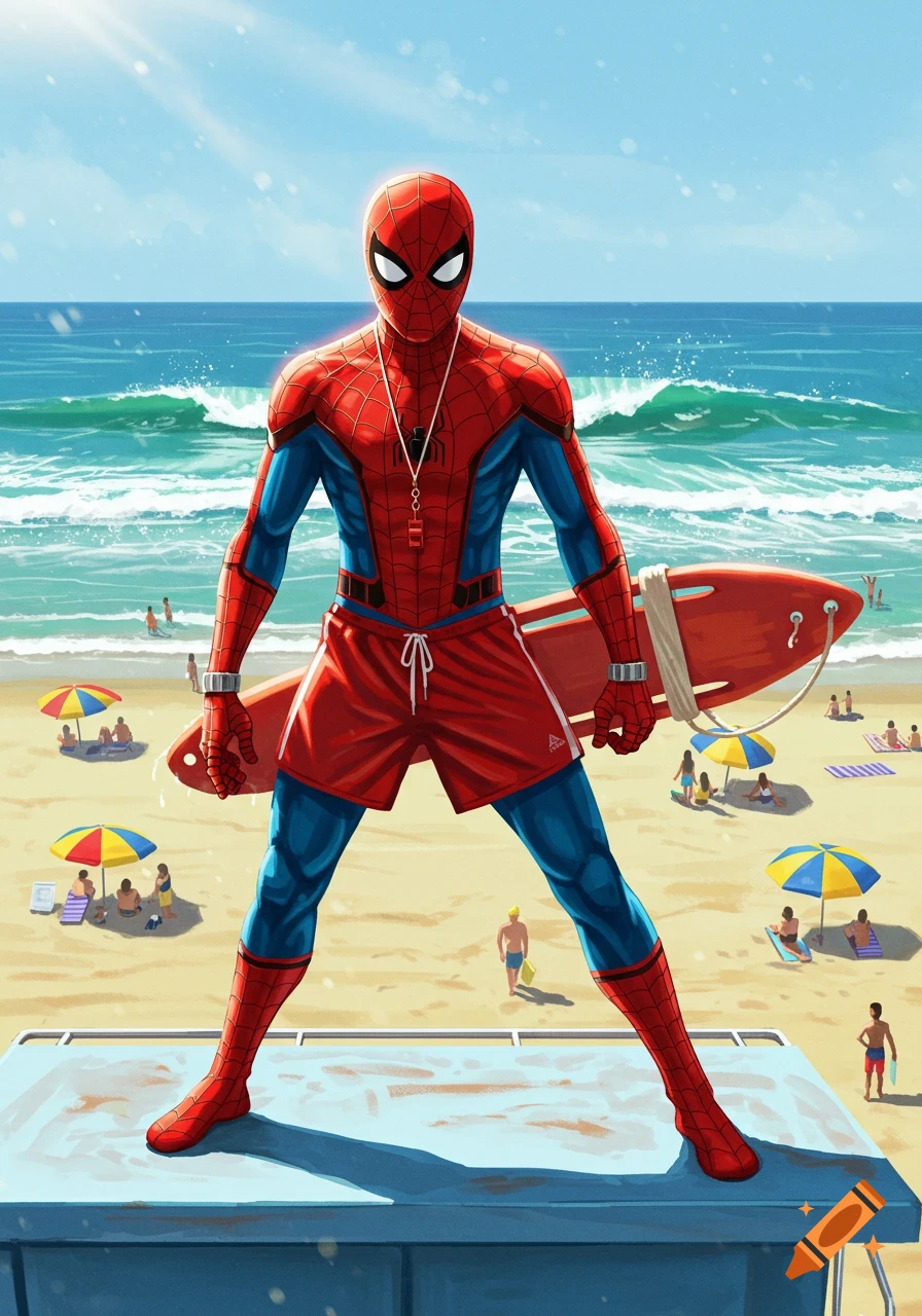 Spider-Man in a lifeguard suit with a whistle and rescue board stands on a tower at a sunny beach.