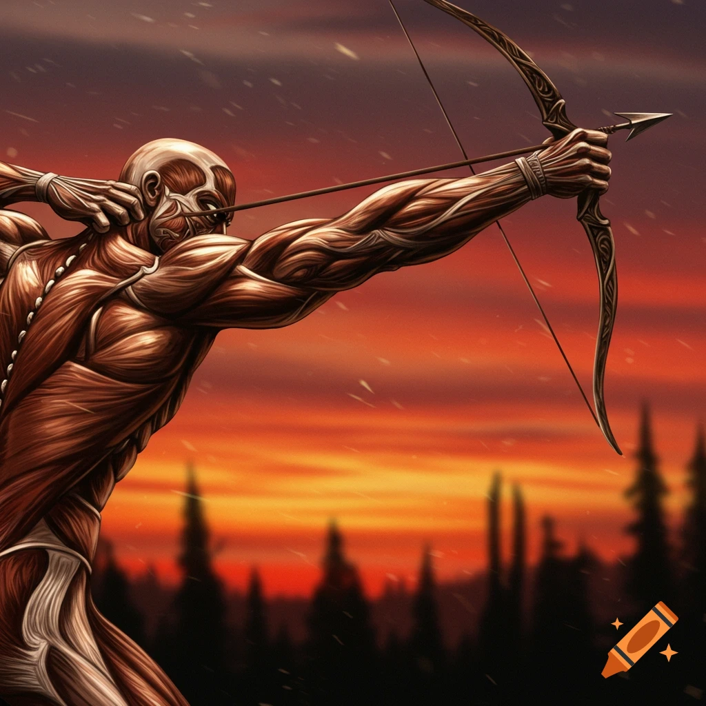 Muscular, skinless archer drawing a bow and arrow against a fiery sunset sky, detailed fantasy art.