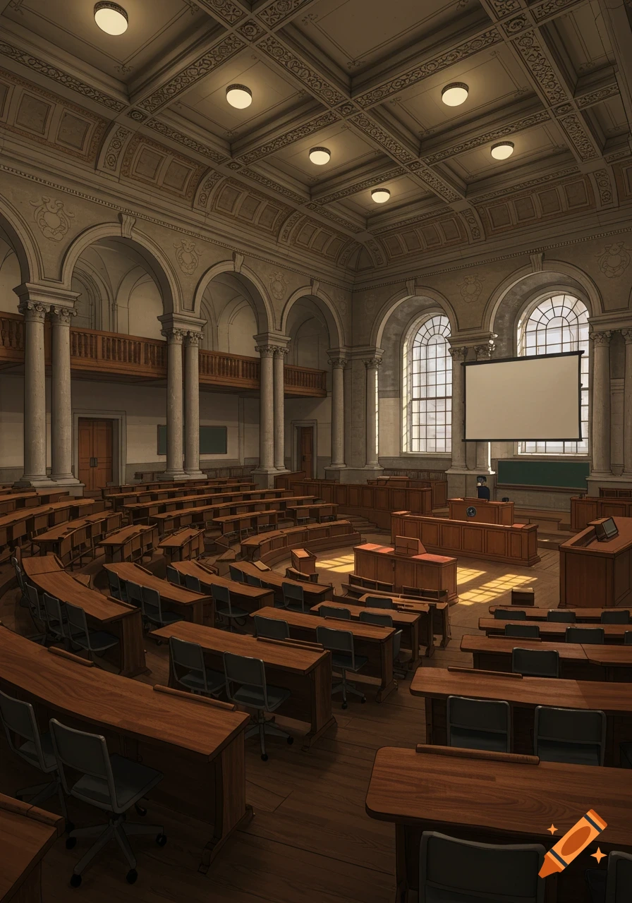 A grand, empty lecture hall with rows of wooden desks, tall arched windows, and an ornate ceiling, in a digital illustration style.
