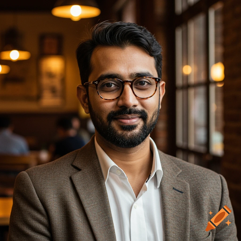 Photorealistic portrait of a smiling South Asian man in his 30s wearing tortoise shell glasses, in a cafe.